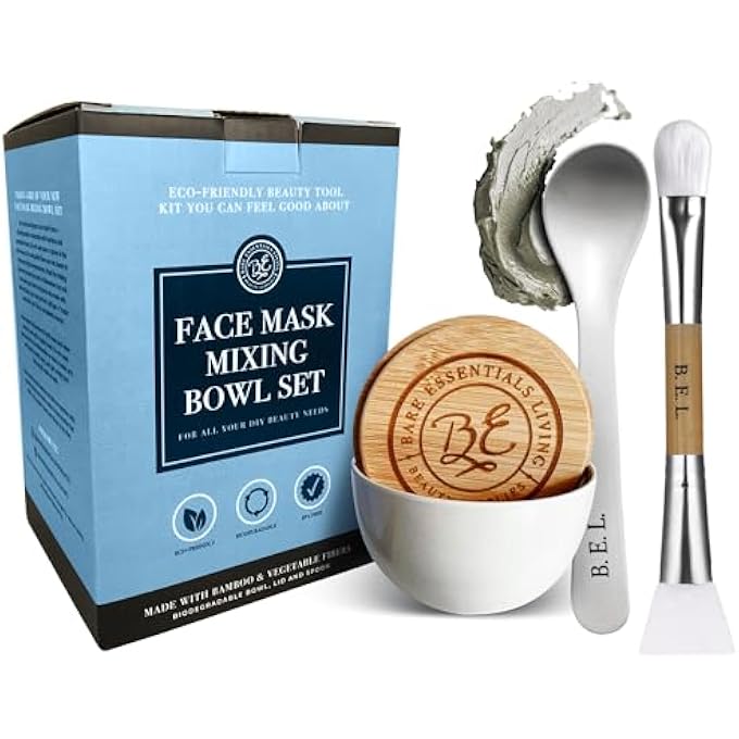 Bare Essentials Living CLAY FACE MASK MIXING BOWL SET- KIT WITH BAMBOO LID, SPOON, DUAL SIDED FACE MASK BRUSH APPLICATOR SOFT SILICONE SPATULA AND FACE MASK BRUSH FOR DIY CLAY MUD MASK, FACIALS, BODY AND HAIR (WHITE) - Image 1